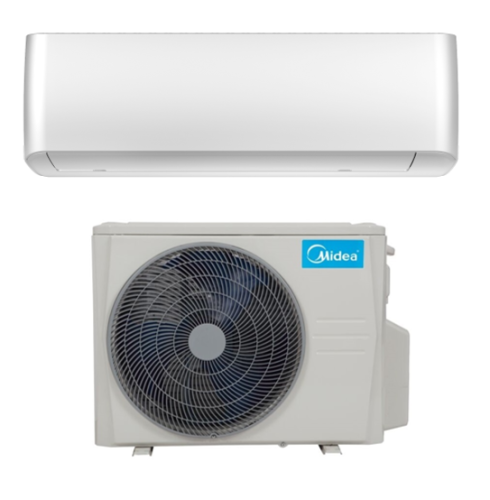 Midea Oasis Plus+ MOPP-17-SP 5,0 kW-os oldalfali split klíma beltéri egység modern környezetben, elegáns fehér kivitelben.